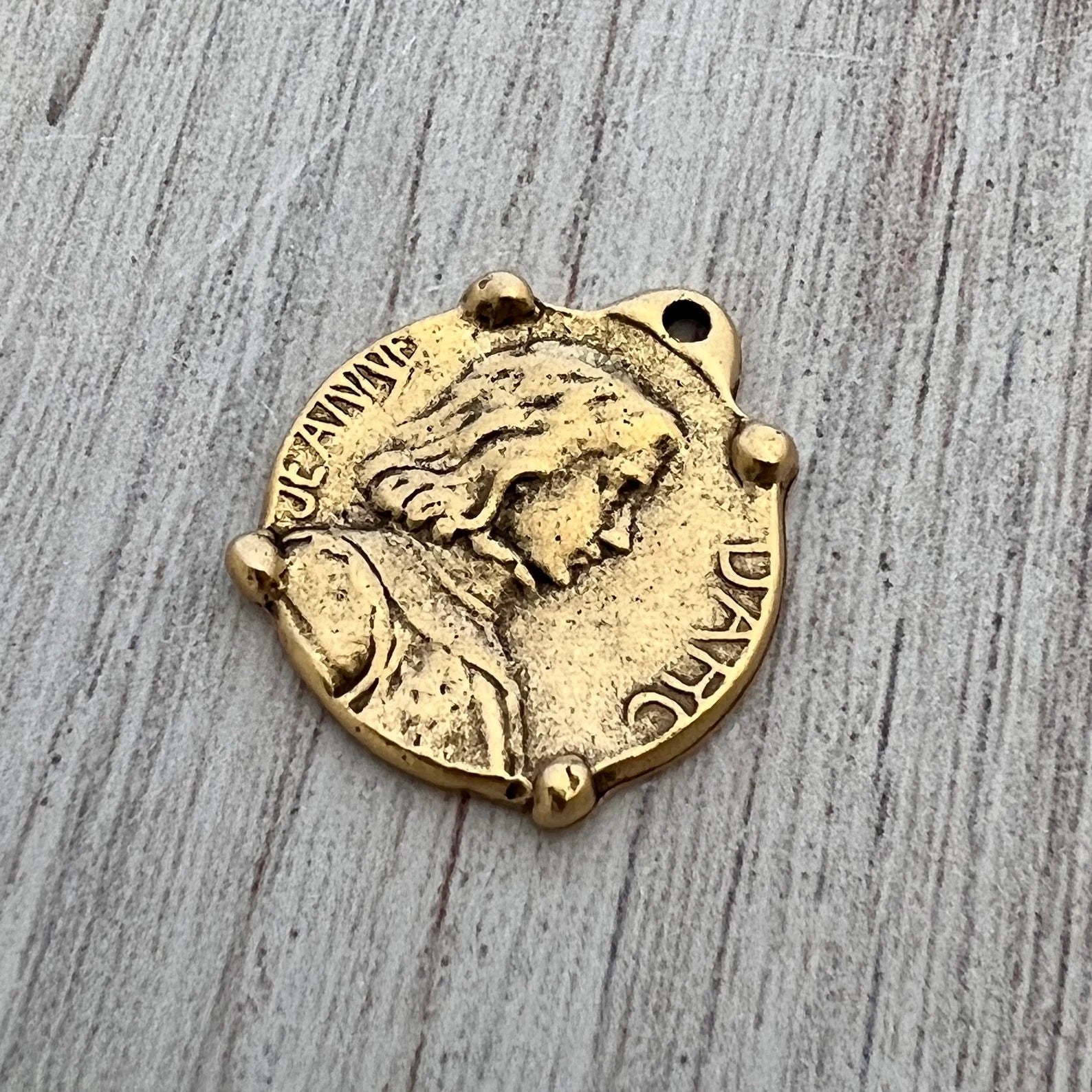 Small Joan of Arc Medal with Frame, Antiqued Gold Charm Pendant