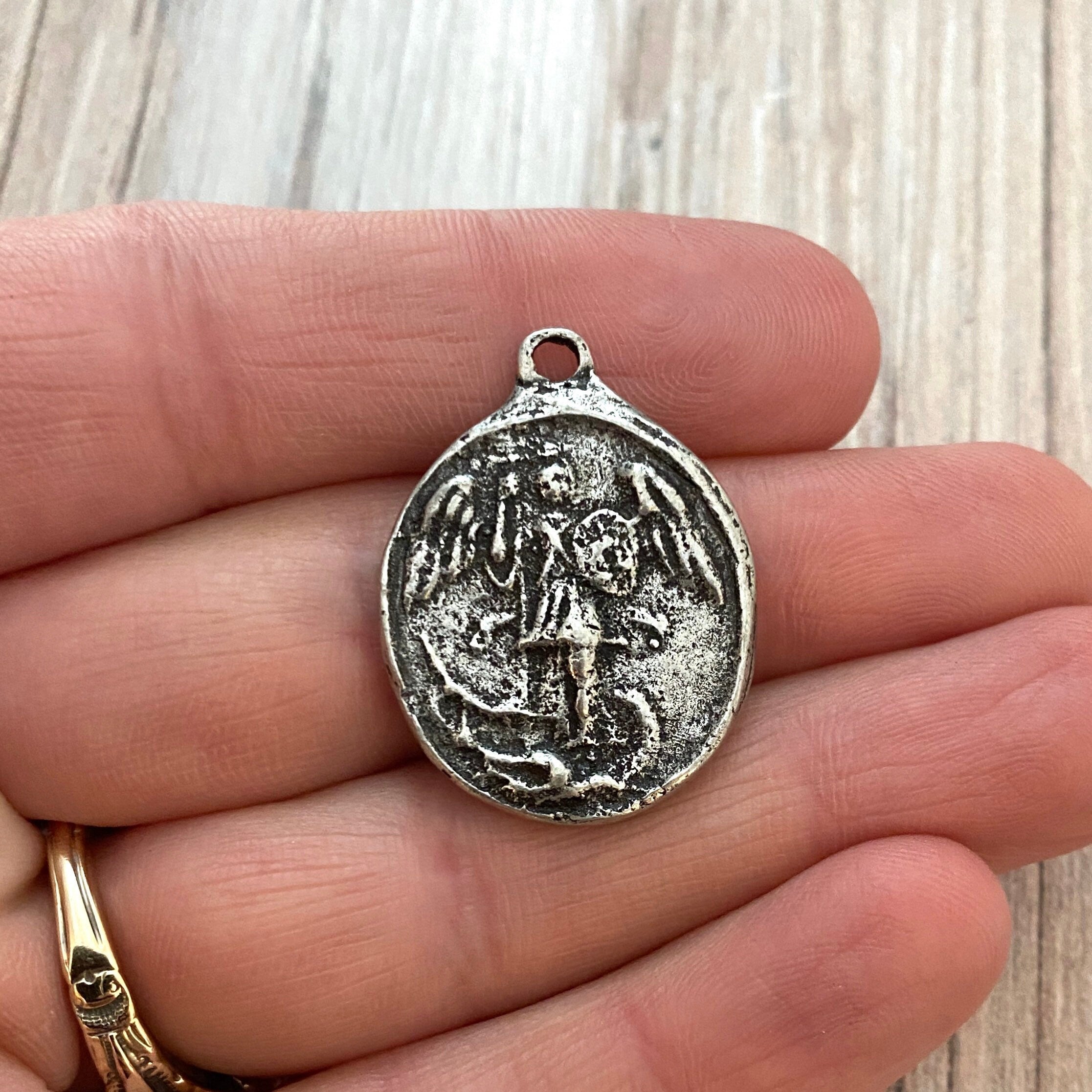 Archangel St. Michael, Catholic Medal, Antiqued Silver Cross
