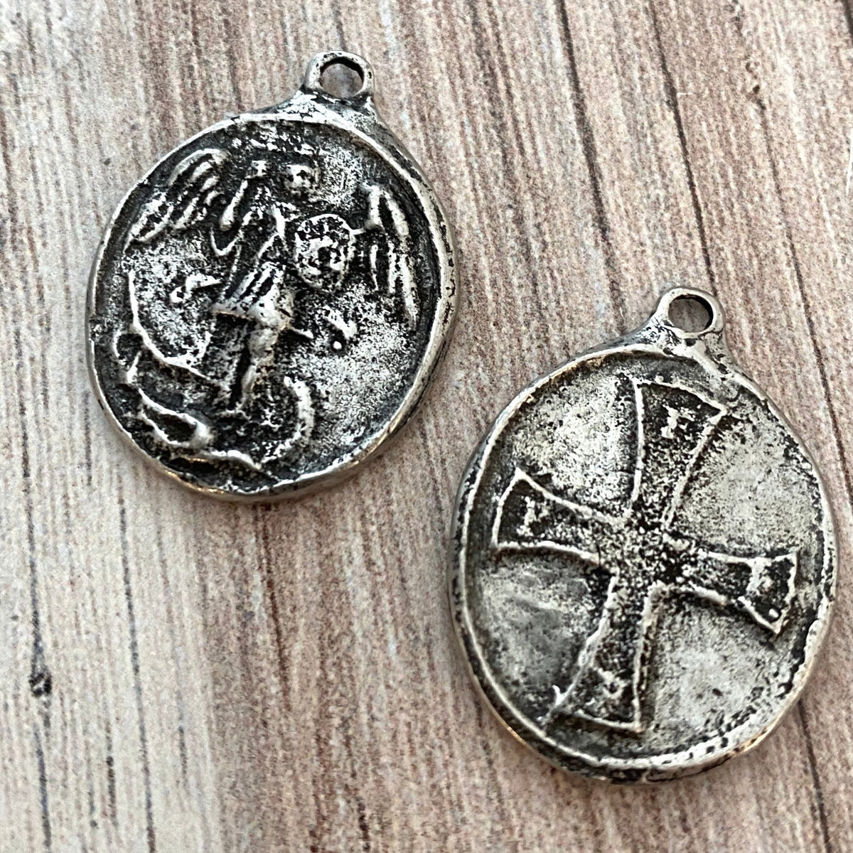 Archangel St. Michael, Catholic Medal, Antiqued Silver Cross Pendant