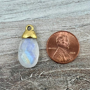 White Rainbow Moonstone Pear Faceted Briolette Drop Pendant with Antique Gold Bead Cap, Gemstone, Jewelry Making Artisan Findings, GL-S044