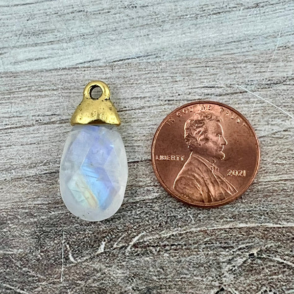 Load image into Gallery viewer, White Rainbow Moonstone Pear Faceted Briolette Drop Pendant with Antique Gold Bead Cap, Gemstone, Jewelry Making Artisan Findings, GL-S044
