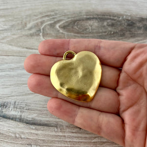 Large Gold Heart Pendant, Vintage Smooth Wavy Puffy Heart Charm, Jewelry Making Supplies, Components GL-6317