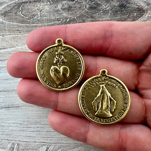 French Sacred Heart Pendant, Catholic Medal Pendant, Christian Jewelry Making, Antiqued Gold GL-6319