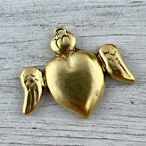 Smooth Winged Heart Pendant, Crowned Antiqued Gold Heart Charm, Artisan Jewelry Findings Components, GL-6310