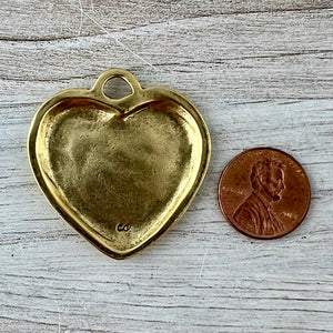 Large Gold Heart Pendant, Vintage Smooth Wavy Puffy Heart Charm, Jewelry Making Supplies, Components GL-6317