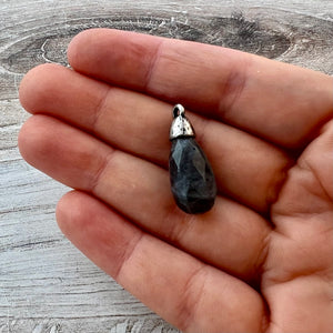 Labradorite Faceted Teardrop Briolette Drop Pendant with Silver Pewter Bead Cap, Jewelry Making Artisan Findings, PW-S040