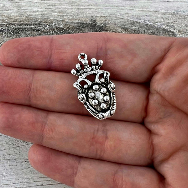 Load image into Gallery viewer, Old World Dotted Shield Medallion Charm, Antiqued Silver Crown Pendant, Jewelry Findings, SL-6300
