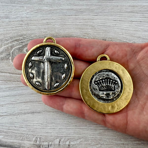 Mixed Metal Cross Coin Pendant, Large Gold and Silver Crown Coin, Jewelry Making Supplies, GL-6301