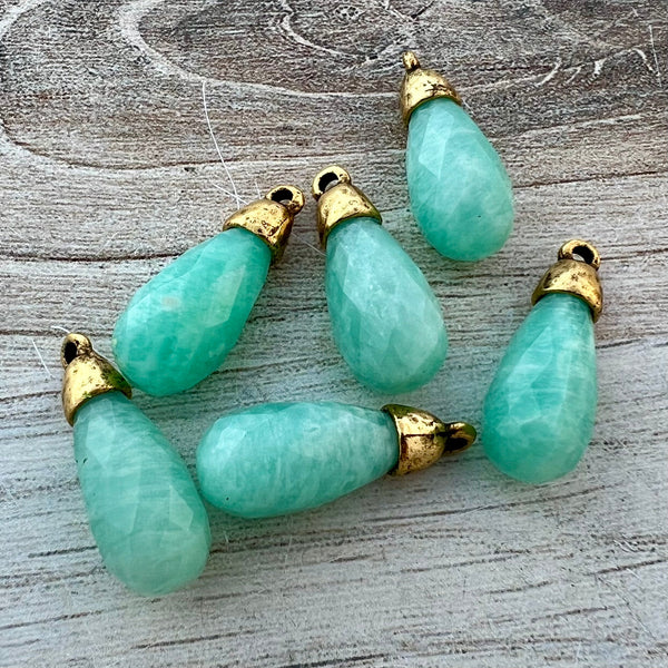 Load image into Gallery viewer, Amazonite Teardrop Faceted Briolette Drop Pendant with Gold Pewter Bead Cap, Jewelry Making Artisan Findings, GL-S039
