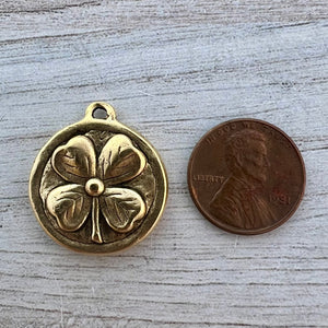 Soldered Shamrock Pendant, Irish Claddagh Charm, Four Leaf Clover Antiqued Gold, Jewelry Making Supplies, GL-6283