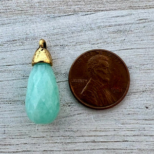 Amazonite Teardrop Faceted Briolette Drop Pendant with Gold Pewter Bead Cap, Jewelry Making Artisan Findings, GL-S039