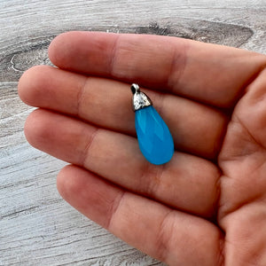 Blue Chalcedony Faceted Teardrop Briolette Drop Pendant with Silver Pewter Bead Cap, Jewelry Making Artisan Findings, PW-S041