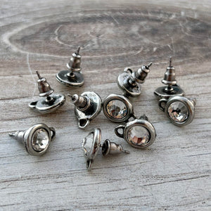 Pair Rhinestone Crystal Studs, Antiqued Silver Earrings, Jewelry Making Artisan Findings, PW-6289