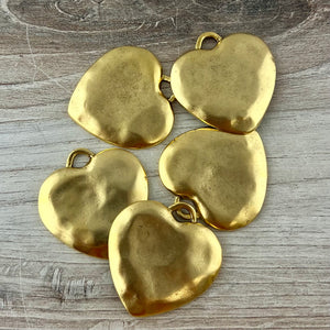 Large Gold Heart Pendant, Vintage Smooth Wavy Puffy Heart Charm, Jewelry Making Supplies, Components GL-6317