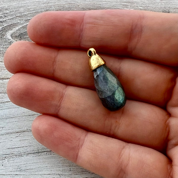 Load image into Gallery viewer, Labradorite Faceted Teardrop Briolette Drop Pendant with Gold Pewter Bead Cap, Jewelry Making Artisan Findings, GL-S040
