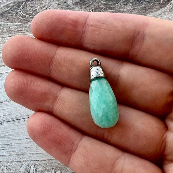 Load image into Gallery viewer, Amazonite Faceted Teardrop Briolette Drop Pendant with Silver Pewter Bead Cap, Jewelry Making Artisan Findings, PW-S039
