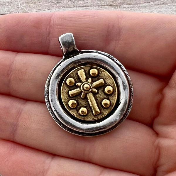 Load image into Gallery viewer, Mixed Metal Circle Cross Bezel Pendant, Gold and Silver, Jewelry Making Supplies, PW-6293
