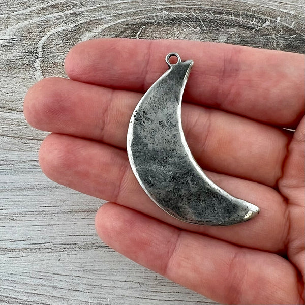 Load image into Gallery viewer, Wavy Crescent Moon Pendant, Large Silver Celestial Charm, Artisan Jewelry Findings, PW-6313
