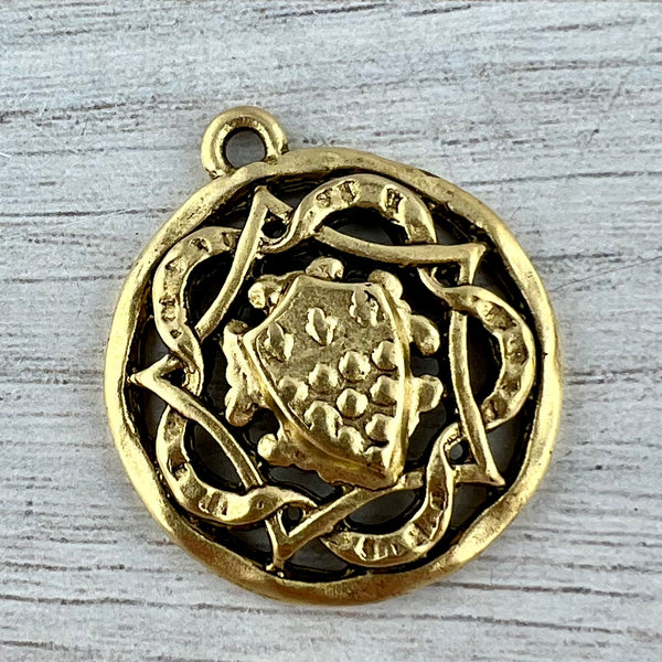 Load image into Gallery viewer, Coat of Arms Medallion Pendant, Old World Antiqued Gold Charm, Jewelry Findings, GL-6299
