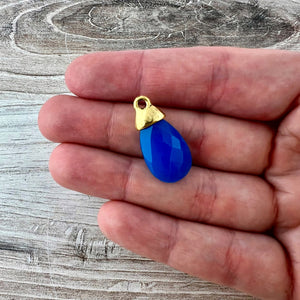 Blue Chalcedony Pear Faceted Briolette Drop Pendant with Antique Gold Bead Cap, Jewelry Making Artisan Findings, GL-S043