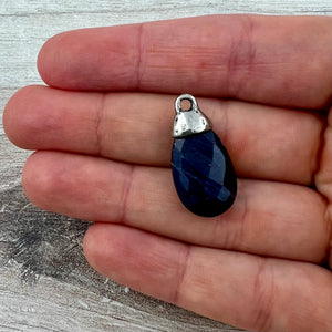 Blue Jade Pear Faceted Briolette Drop Pendant with Antique Pewter Bead Cap, Gemstone, Jewelry Making Artisan Findings, PW-