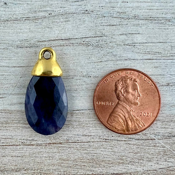 Load image into Gallery viewer, Blue Jade Pear Faceted Briolette Drop Pendant with Antique Gold Bead Cap, Gemstone, Jewelry Making Artisan Findings, GL-S046
