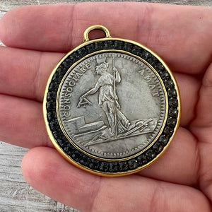 Large French Revolutionary Coin, Gold and Silver Mixed Metal Pendant With Black Rhinestones Crystals, Medal, GL-6316