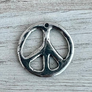 Peace Sign Pendant, Smooth Silver Pewter, Symbol Charm, Artisan Jewelry Findings, PW-6305