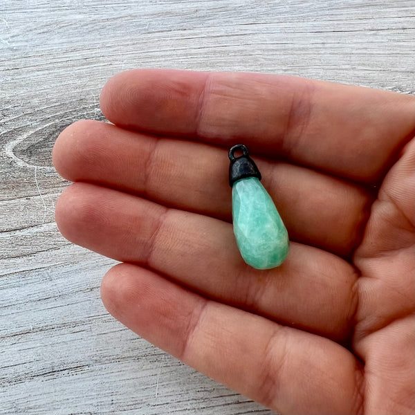 Load image into Gallery viewer, Amazonite Faceted Teardrop Briolette Drop Pendant with Gold Pewter Bead Cap, Jewelry Making Artisan Findings, BR-S039
