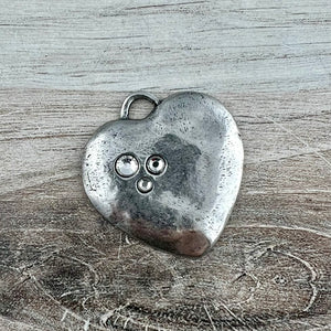 Large Silver Rhinestone Heart Pendant, Vintage Smooth Crystal Heart Charm, Jewelry Making Supplies, Components, PW-6326