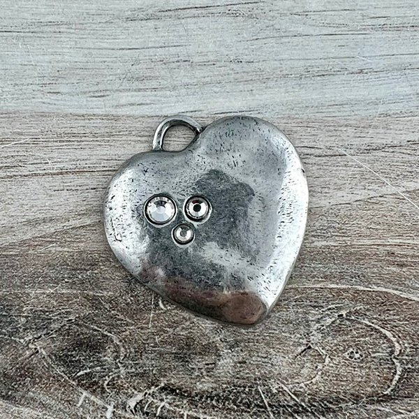 Load image into Gallery viewer, Large Silver Rhinestone Heart Pendant, Vintage Smooth Crystal Heart Charm, Jewelry Making Supplies, Components, PW-6326
