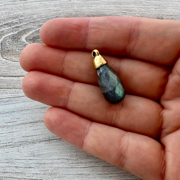 Load image into Gallery viewer, Labradorite Faceted Teardrop Briolette Drop Pendant with Gold Pewter Bead Cap, Jewelry Making Artisan Findings, GL-S040
