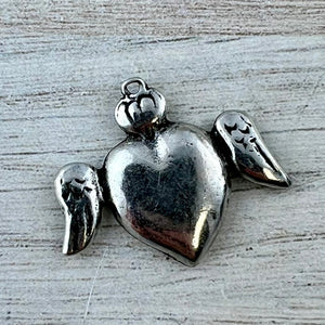 Smooth Winged Heart Pendant, Silver Crowned Charm, Artisan Jewelry Findings, Components PW-6310