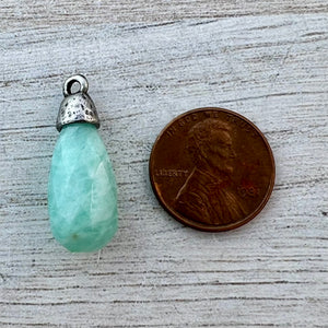 Amazonite Faceted Teardrop Briolette Drop Pendant with Silver Pewter Bead Cap, Jewelry Making Artisan Findings, PW-S039