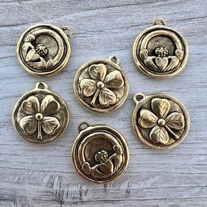 Soldered Shamrock Pendant, Irish Claddagh Charm, Four Leaf Clover Antiqued Gold, Jewelry Making Supplies, GL-6283