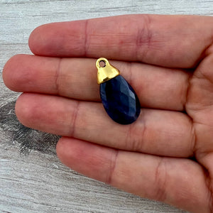 Blue Jade Pear Faceted Briolette Drop Pendant with Antique Gold Bead Cap, Gemstone, Jewelry Making Artisan Findings, GL-S046