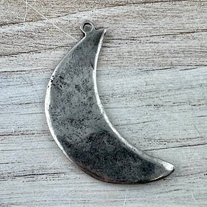 Wavy Crescent Moon Pendant, Large Silver Celestial Charm, Artisan Jewelry Findings, PW-6313