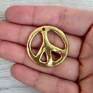 Peace Sign Pendant, Smooth Gold Symbol Charm, Artisan Jewelry Findings, GL-6305