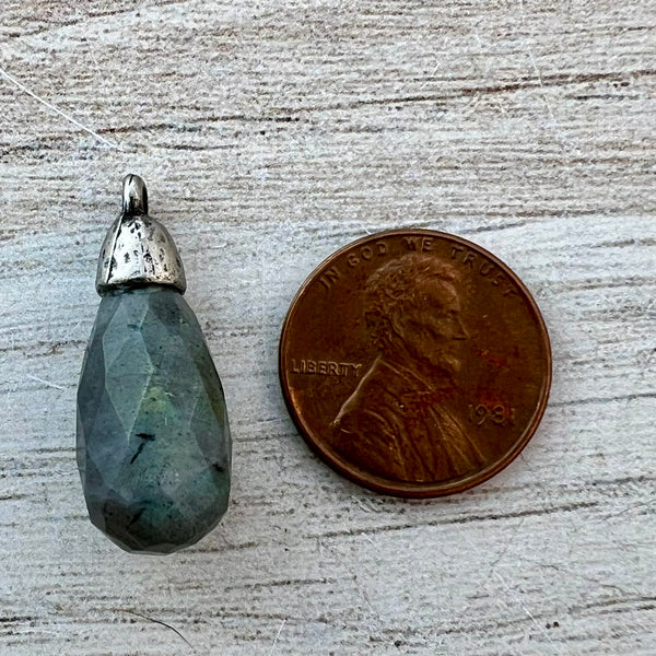 Load image into Gallery viewer, Labradorite Faceted Teardrop Briolette Drop Pendant with Silver Pewter Bead Cap, Jewelry Making Artisan Findings, PW-S040
