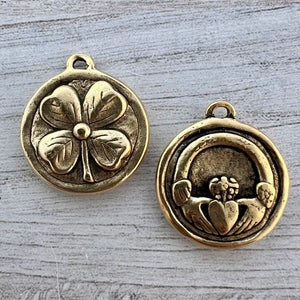 Soldered Shamrock Pendant, Irish Claddagh Charm, Four Leaf Clover Antiqued Gold, Jewelry Making Supplies, GL-6283