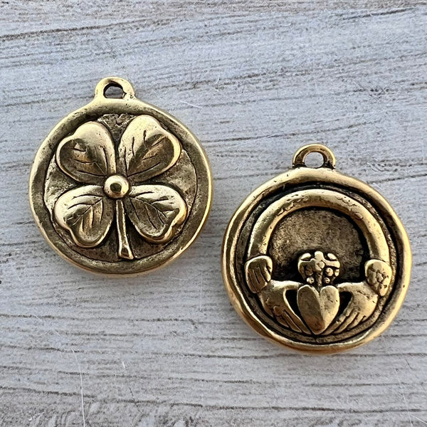 Load image into Gallery viewer, Soldered Shamrock Pendant, Irish Claddagh Charm, Four Leaf Clover Antiqued Gold, Jewelry Making Supplies, GL-6283
