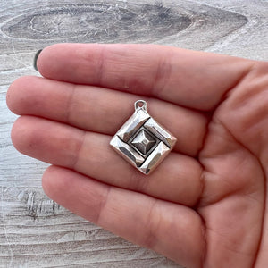 Geometric Abstract Diamond Shape Charm,  Antiqued Silver Pendant, Artisan Jewelry Components Supplies, SL-6292
