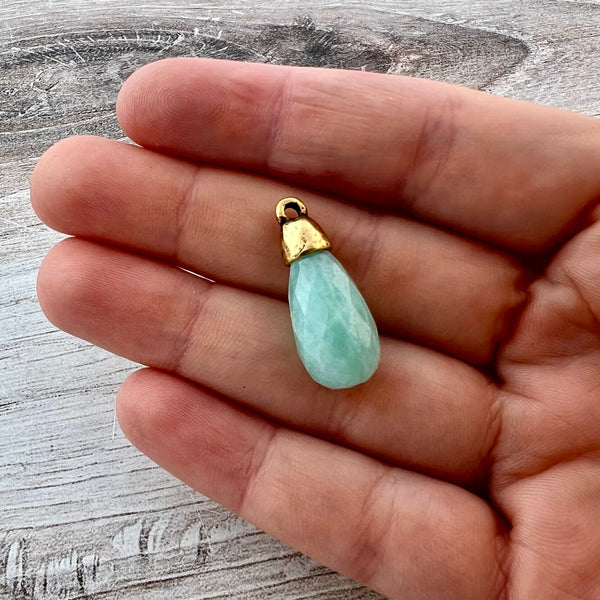 Load image into Gallery viewer, Amazonite Teardrop Faceted Briolette Drop Pendant with Gold Pewter Bead Cap, Jewelry Making Artisan Findings, GL-S039
