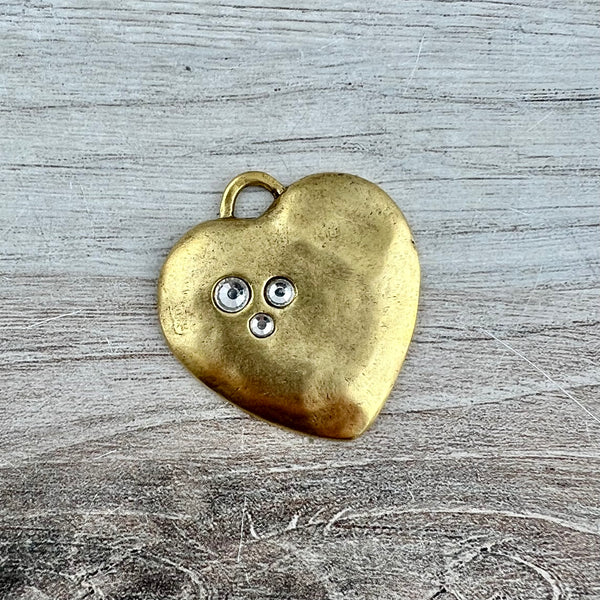 Load image into Gallery viewer, Large Gold Rhinestone Heart Pendant, Vintage Smooth Crystal Heart Charm, Jewelry Making Supplies, Components GL-6326
