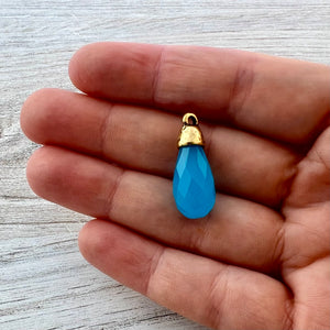 Blue Chalcedony Faceted Teardrop Briolette Drop Pendant with Antique Gold Bead Cap, Jewelry Making Artisan Findings, GL-S041