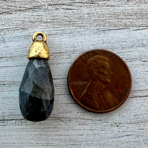 Load image into Gallery viewer, Labradorite Faceted Teardrop Briolette Drop Pendant with Gold Pewter Bead Cap, Jewelry Making Artisan Findings, GL-S040
