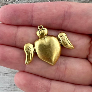 Smooth Winged Heart Pendant, Crowned Antiqued Gold Heart Charm, Artisan Jewelry Findings Components, GL-6310