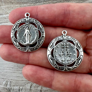 Round Filigree Miraculous Mary Medal, Catholic Silver Religious Jewelry Pendant, Charm SL-6318