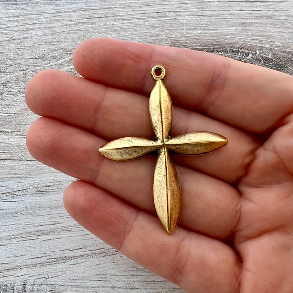 Load image into Gallery viewer, Large Cross Pendant, Gold Petal Religious Charm for Jewelry Making, Supplies, GL-6279
