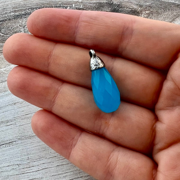 Load image into Gallery viewer, Blue Chalcedony Faceted Teardrop Briolette Drop Pendant with Silver Pewter Bead Cap, Jewelry Making Artisan Findings, PW-S041
